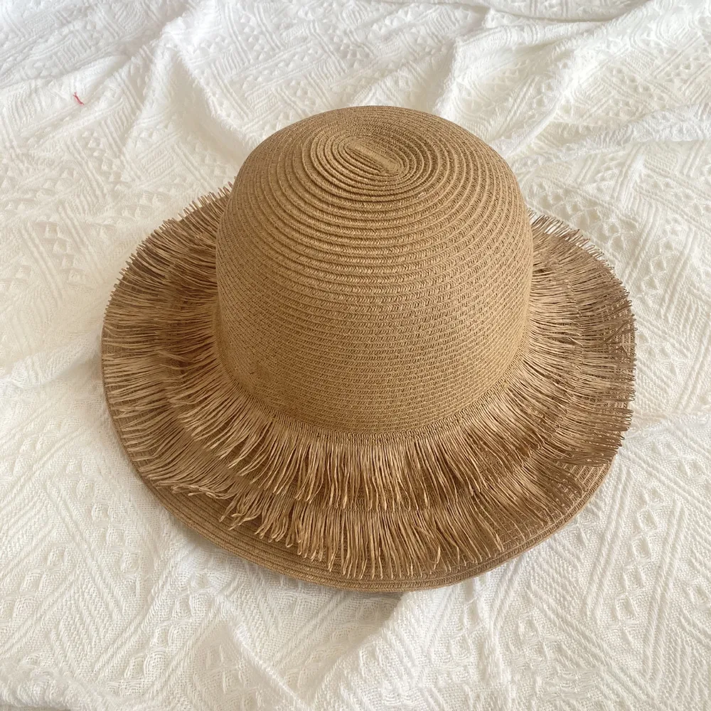 Women's Fashion Temperament Tassel Seaside Beach Sunshade Straw Hat Khaki - Shop at LoveMi