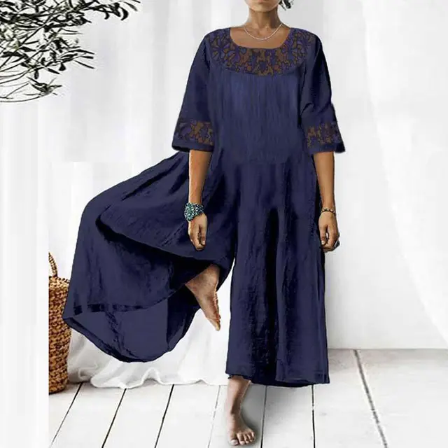 Women's Loose Round Neck Patchwork Lace Long Jumpsuit Dark Blue - Shop at LoveMi