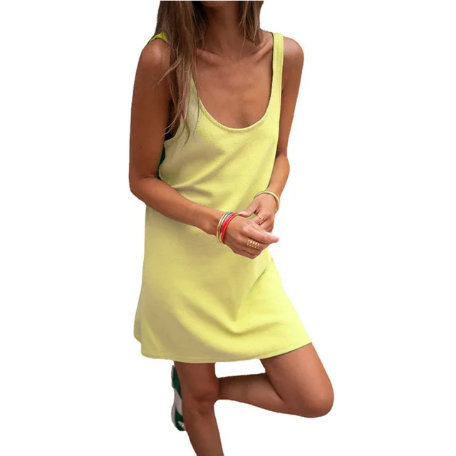 Solid Waffle Sleeveless Loose Strap Dress Yellow - Shop at LoveMi