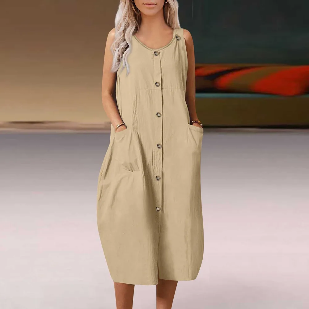 Loose And Comfortable Casual Cardigan Strap Dress - Khaki