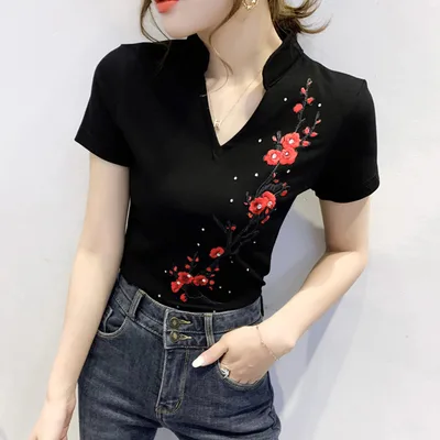 Summer Fashion Contrast V neck T shirt Black - Shop at LoveMi