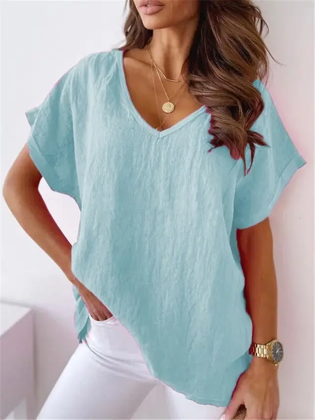Solid Color Cotton And Linen Short sleeved V neck Shirt T shirt For Women Blue - Shop at LoveMi
