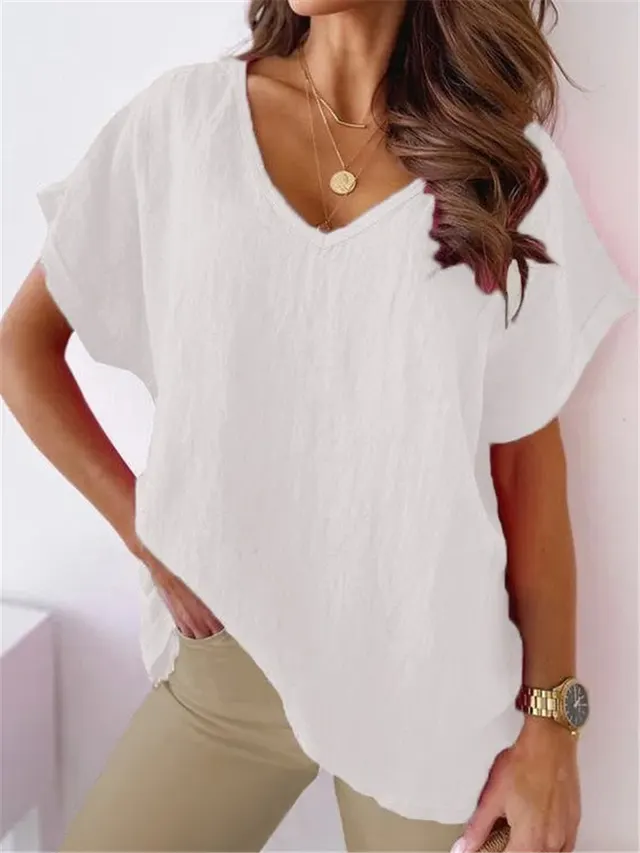 Solid Color Cotton And Linen Short sleeved V neck Shirt T shirt For Women White - Shop at LoveMi