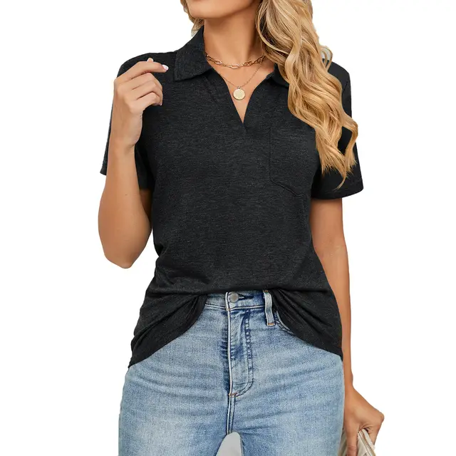Solid Color Short Sleeved Lapel Pocket Loose Fitting T shirt Black - Shop at LoveMi
