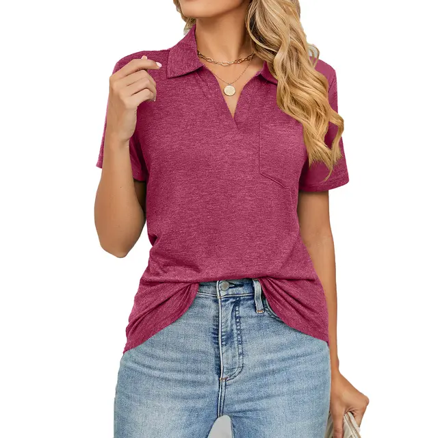 Solid Color Short Sleeved Lapel Pocket Loose Fitting T shirt Wine Red - Shop at LoveMi