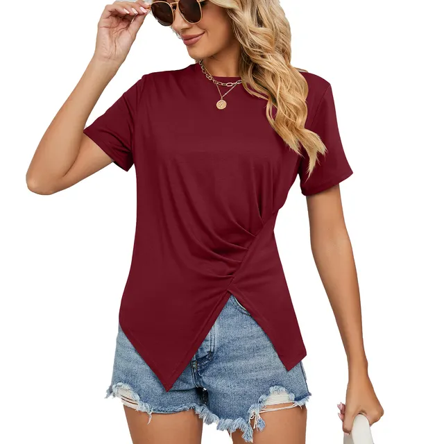 Solid Color Loose Round Neck Pleated Ladies T Shirt Top Red - Shop at LoveMi
