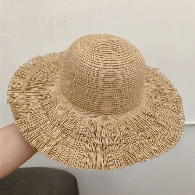 Niche Big Brim Straw Hat Femininity Fringe Khaki - Shop at LoveMi