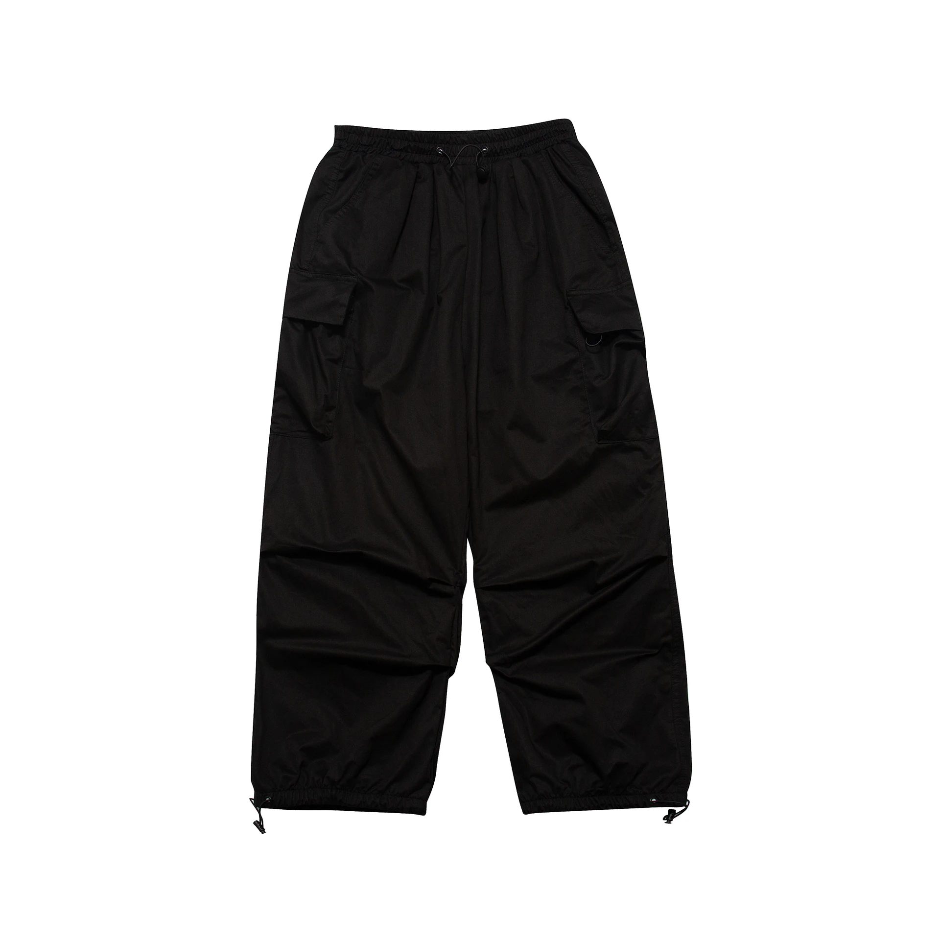 American Street Style Pleated Large Pocket Workwear Wide Leg Pants - Black