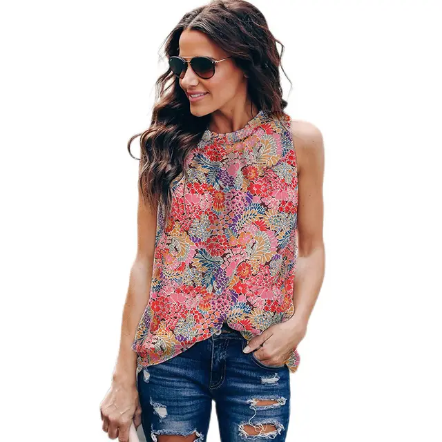Floral Print Pullover Vest For Women Summer Round Neck Sleeveless Ruffle Top Women Color - Shop at LoveMi