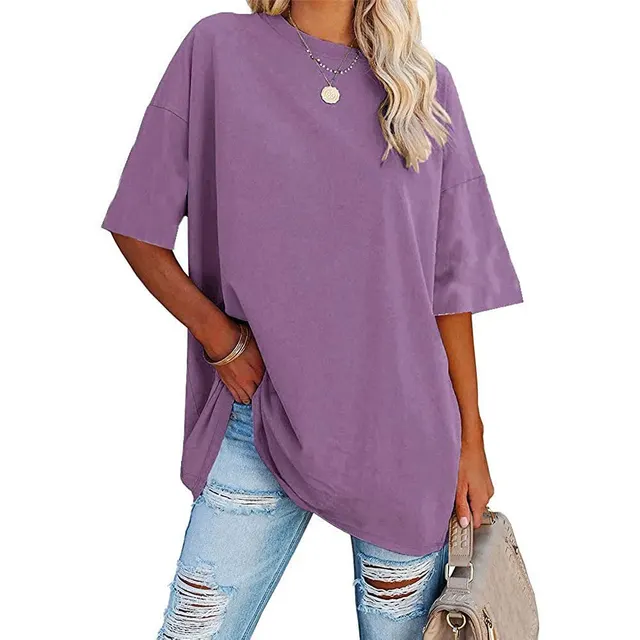 Loose Drop Shoulder Sleeves Round Neck Short Sleeve Top Purple - Shop at LoveMi