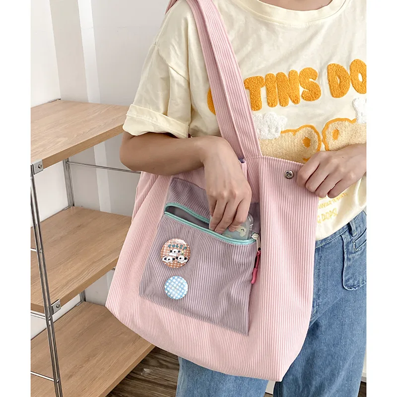 Corduroy Contrast Color Large Capacity Casual Shoulder Bag Pink - Shop at LoveMi
