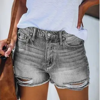 Summer Hole Denim Shorts Female Fringe Jeans - Grey