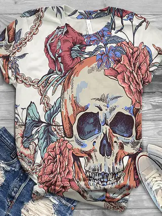 European And American Animal Printed Short Sleeved T-shirt - Chain Skull