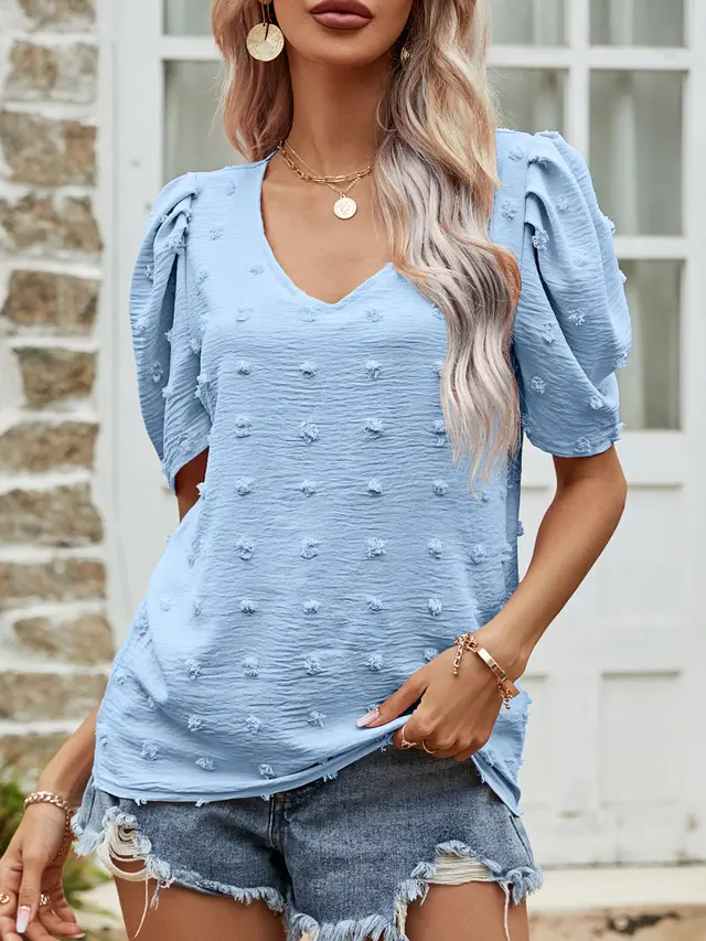 V neck Short sleeve T shirt For Women Puff Sleeve Casual Top Blue - Shop at LoveMi