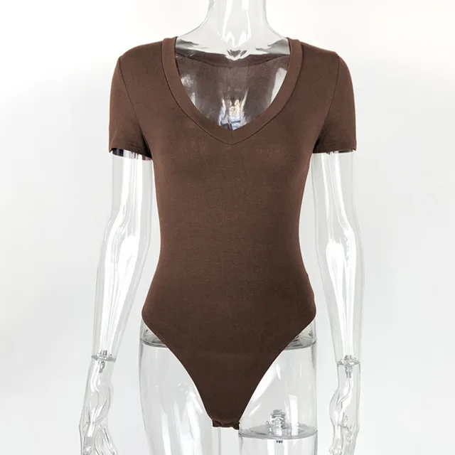 Women's Fashion Short sleeved V neck Tight fitting Jumpsuit Coffee - Shop at LoveMi