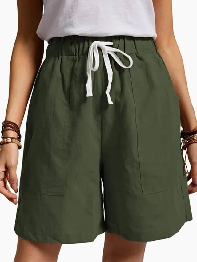 Women's Fashion Solid Color Cotton Linen Elastic Waist Lacing Shorts Army Green - Shop at LoveMi