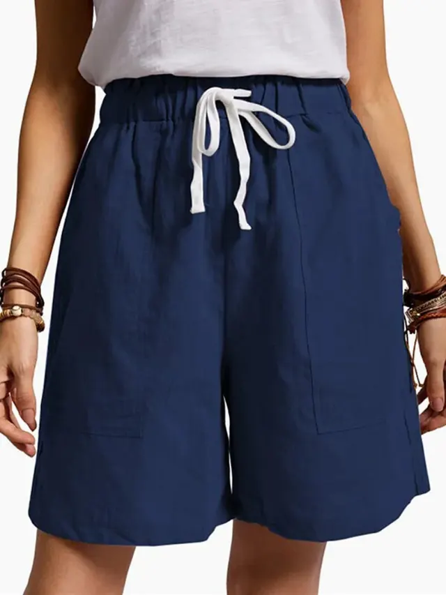 Women's Fashion Solid Color Cotton Linen Elastic Waist Lacing Shorts Dark Blue - Shop at LoveMi