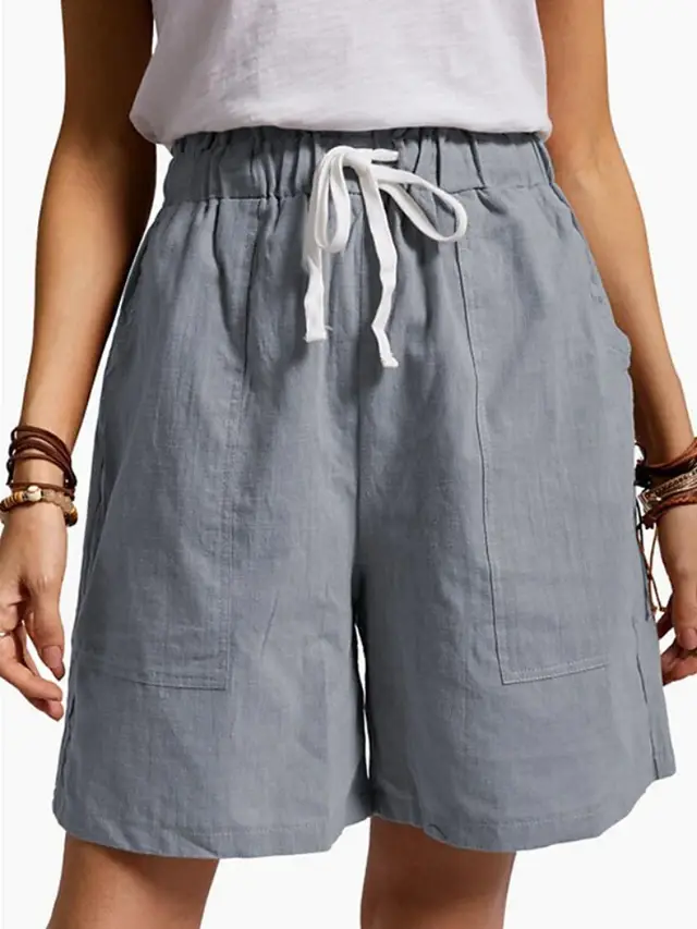 Women's Fashion Solid Color Cotton Linen Elastic Waist Lacing Shorts Grey - Shop at LoveMi