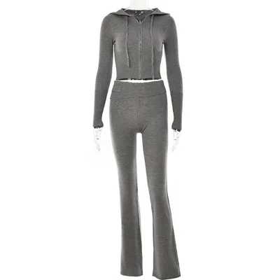 Style Cross border Knitted Hooded Suits Fashion Sexy High Waist Long Sleeves Trousers Two piece Set Gray Suit - Shop at LoveMi