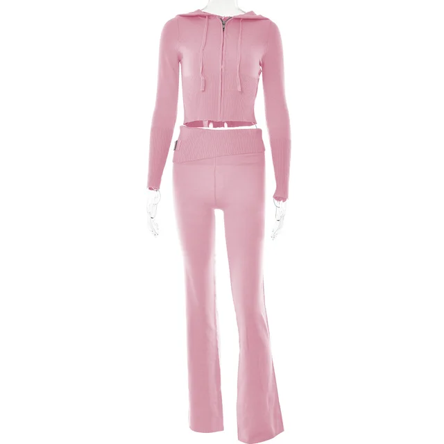 Style Cross border Knitted Hooded Suits Fashion Sexy High Waist Long Sleeves Trousers Two piece Set Pink Suit - Shop at LoveMi
