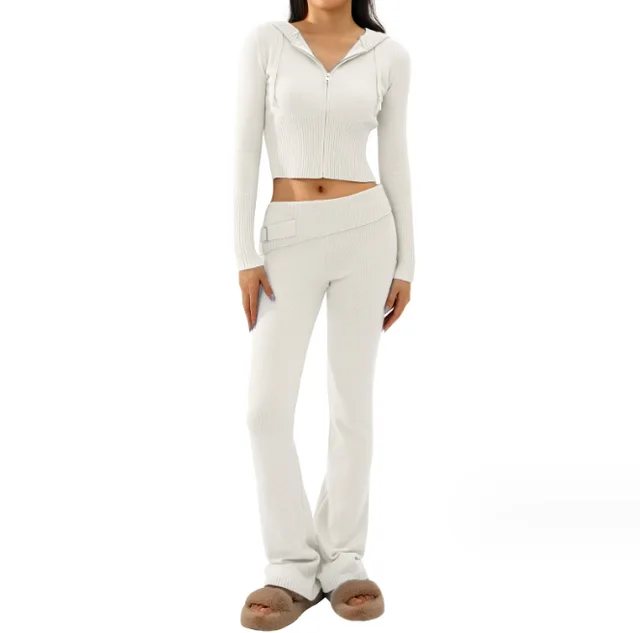 Style Cross border Knitted Hooded Suits Fashion Sexy High Waist Long Sleeves Trousers Two piece Set White Suit - Shop at LoveMi