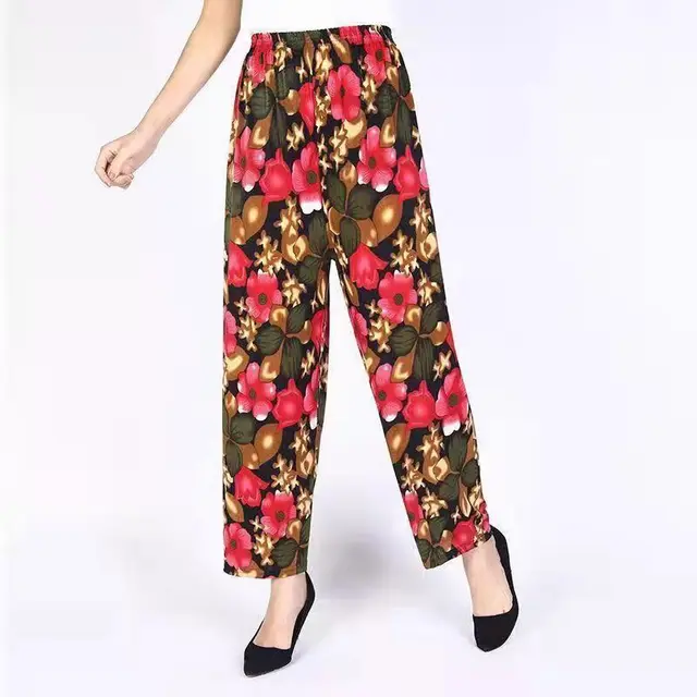 Women's Fashion Loose Casual Ice Silk Stretch Nine quarter Pants Butterfly Flower - Shop at LoveMi