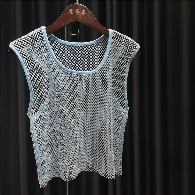 Thin Flash Diamond Short Tank Top Sky Blue - Shop at LoveMi