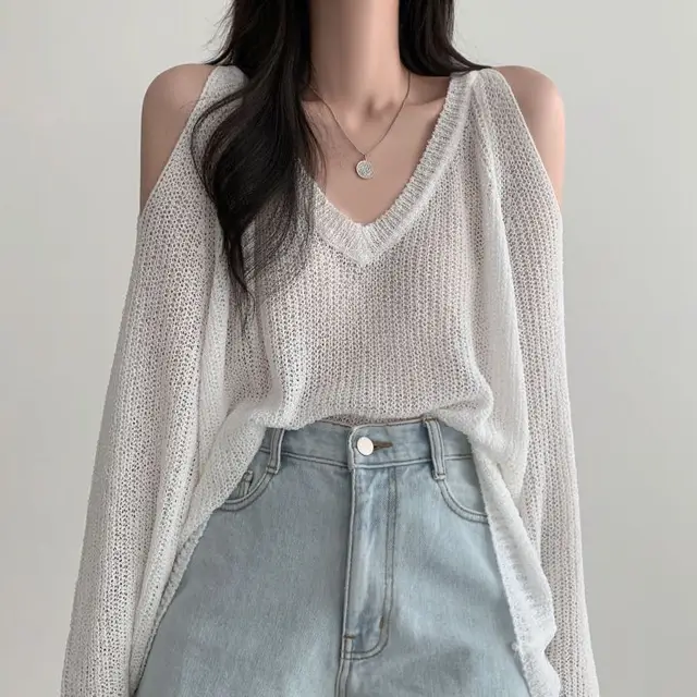 Women's Off Shoulder V neck Long Sleeved Thin Knit Shirt White - Shop at LoveMi