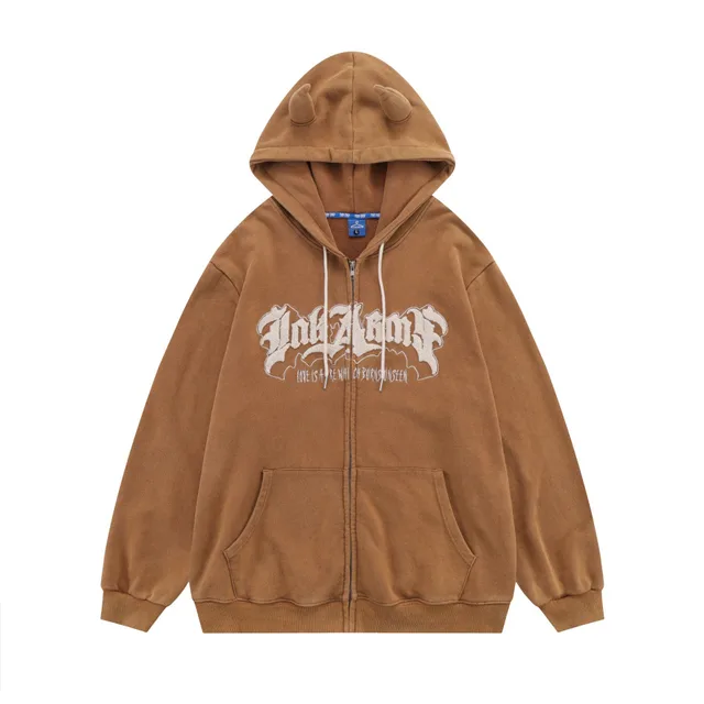 Hoodie Handdrawn Letter Loose Cardigan Long Sleeve Coat Bronze - Shop at LoveMi