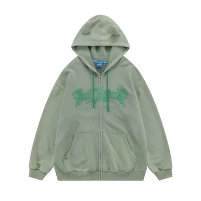 Hoodie Handdrawn Letter Loose Cardigan Long Sleeve Coat Green - Shop at LoveMi