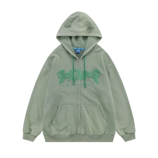 Hoodie Handdrawn Letter Loose Cardigan Long Sleeve Coat Green - Shop at LoveMi