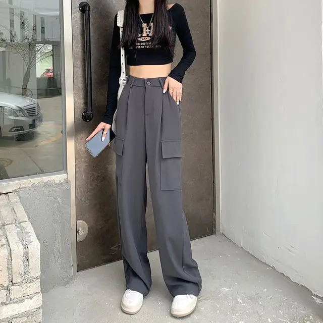 Women's Fashion Retro Versatile Work Pants Grey Lengthen - Shop at LoveMi