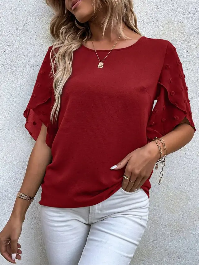 Women's New Summer Lace Stitching Round Neck Short sleeved Wine Red - Shop at LoveMi