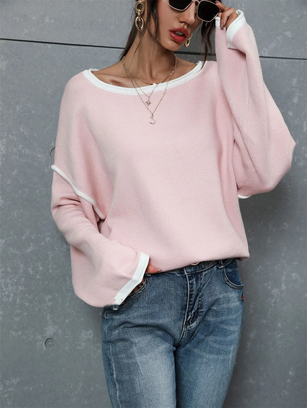 European And American Large Size Sweater Loose And Idle Solid Color Pullover Sweater - Pink