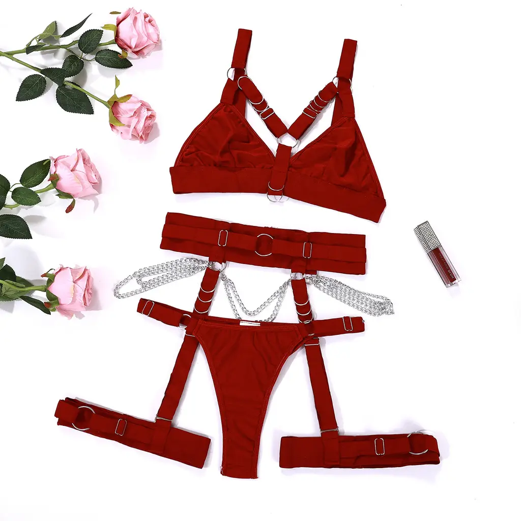 Women's Bundled Waist And Leg Loop Adjustable Sexy Lingerie Set - Wine Red