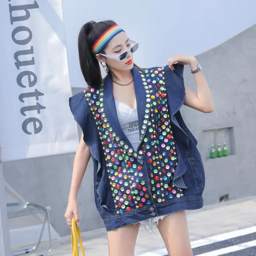 Heavy Duty Diamond Studded Denim Vest With Wooden Ear Edge - Blue