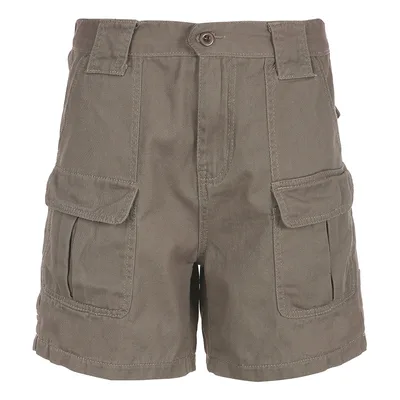 High waisted Solid Color Multi pocket Cargo Jean Shorts Female Khaki - Shop at LoveMi