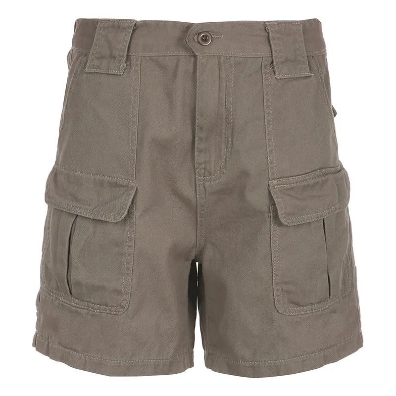 High-waisted Solid Colour Multi-pocket Cargo Jean Shorts Female - Khaki