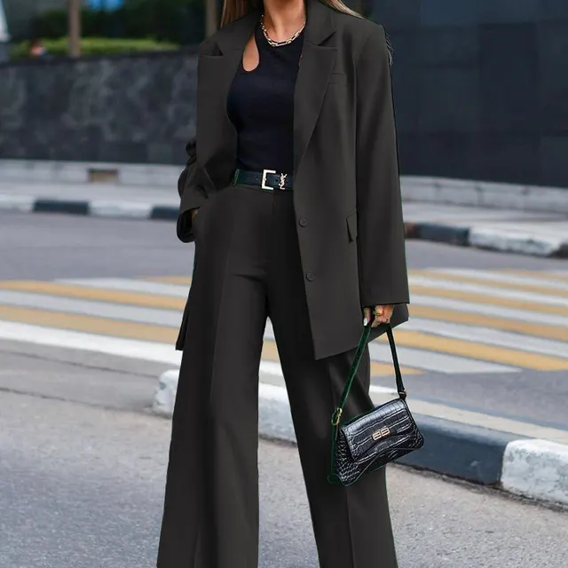 Autumn And Winter New Solid Color Long sleeved Women's Casual Suit Two piece Suit Black - Shop at LoveMi