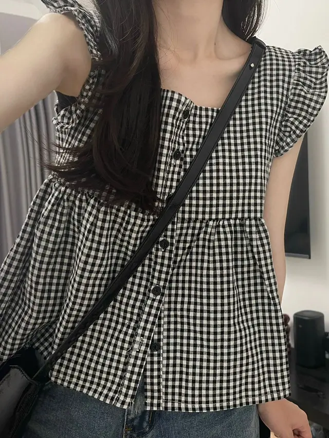 Small Grid Short Shirt For Women Black - Shop at LoveMi