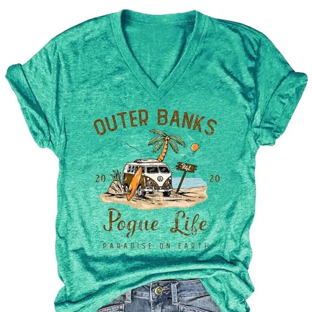 European And American Style Women Bund POG Life V neck T shirt Green - Shop at LoveMi