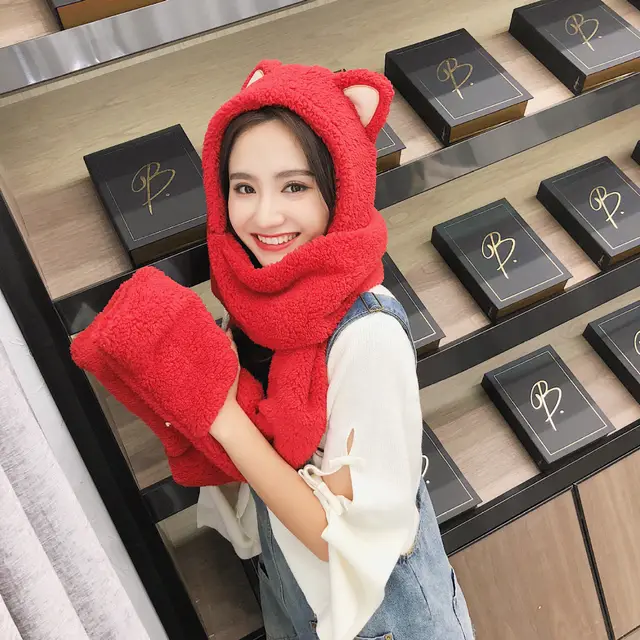 Autumn And Winter Korean Fashion Hat Scarf Gloves Women's Cute Cat Ear Scarf Cap Adult Cat Ears Red - Shop at LoveMi