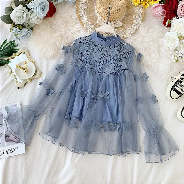 Perspective Mesh Gauze Lantern Sleeve Slim Short Top Female Lace Leggings Undershirt Blue2 - Shop at LoveMi