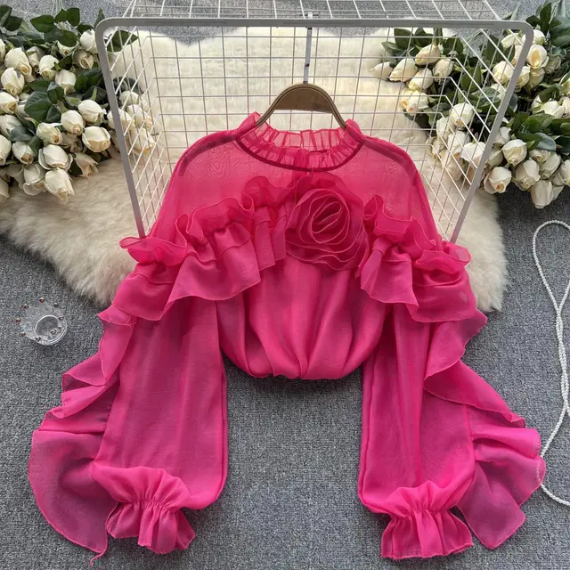 Irregular Ruffled Mesh Blouse Women's Pullover Pleated Slim Top Rose Red - Shop at LoveMi