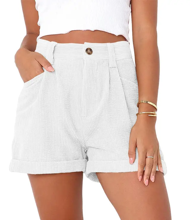Spring And Summer European And American New High Waist Pure Color Corduroy Loose Shorts White - Shop at LoveMi