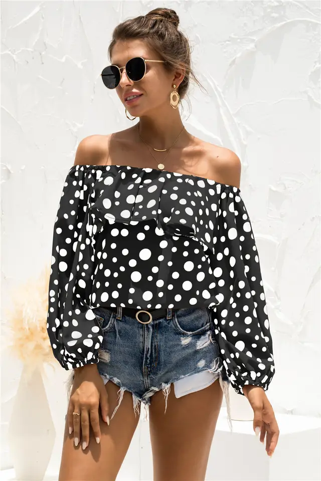 Women's Off shoulder Puff Sleeve Dot Top T shirt Black - Shop at LoveMi