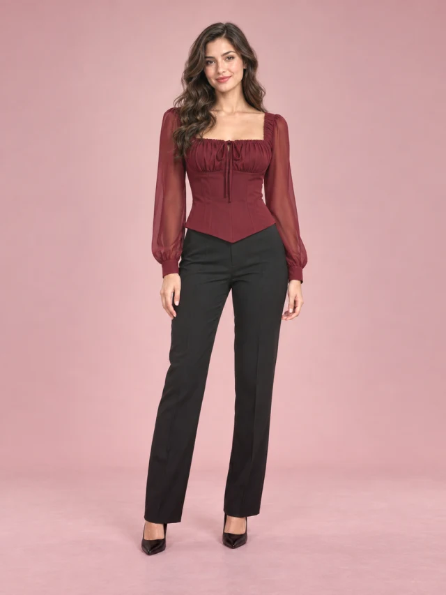 Long Sleeved Lace Up Corset Slimming Top Wine Red - Shop at LoveMi