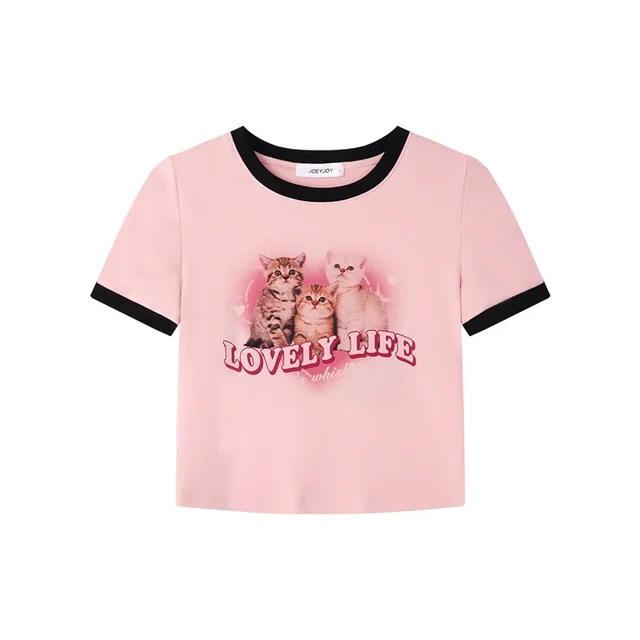 Lovely Cartoon Print Crop T shirts Female Y2k Tops Pink - Shop at LoveMi