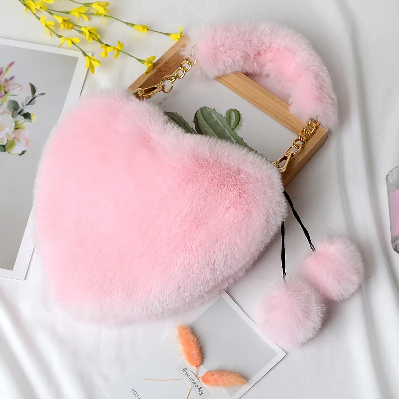 Women's Heart shaped Plush Peach Heart Artificial Wool Handbag Pink - Shop at LoveMi