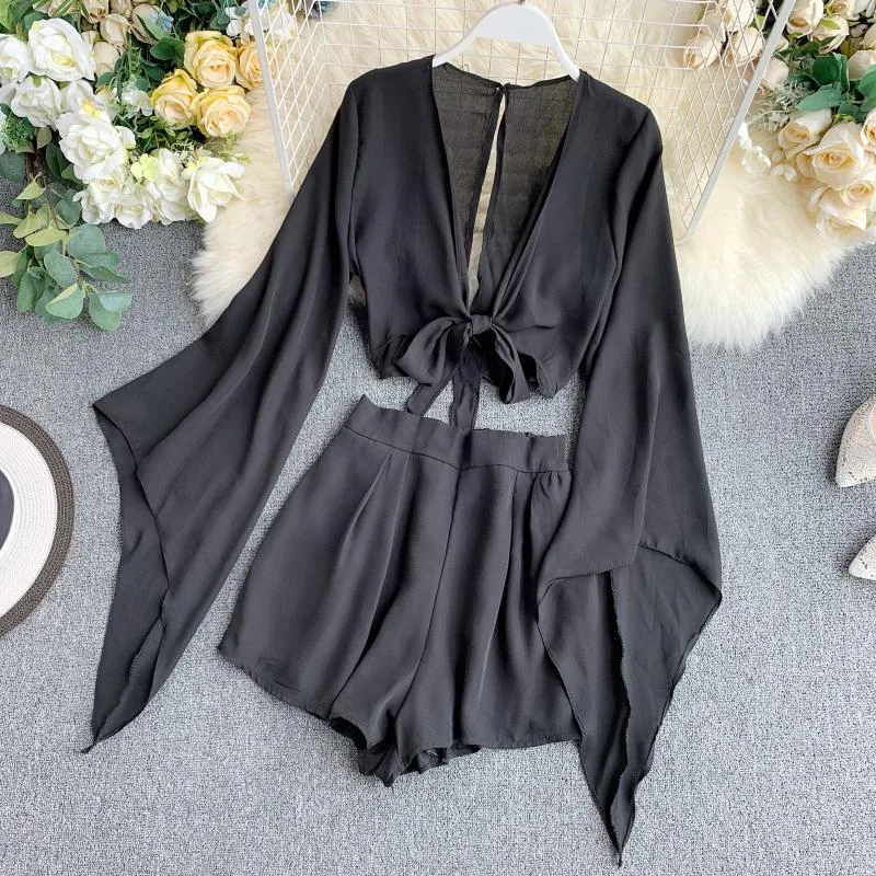 New Design Sense Bell Sleeve Chiffon Shirt High Waist Wide Leg Shorts Western Style Two piece Suit Black - Shop at LoveMi